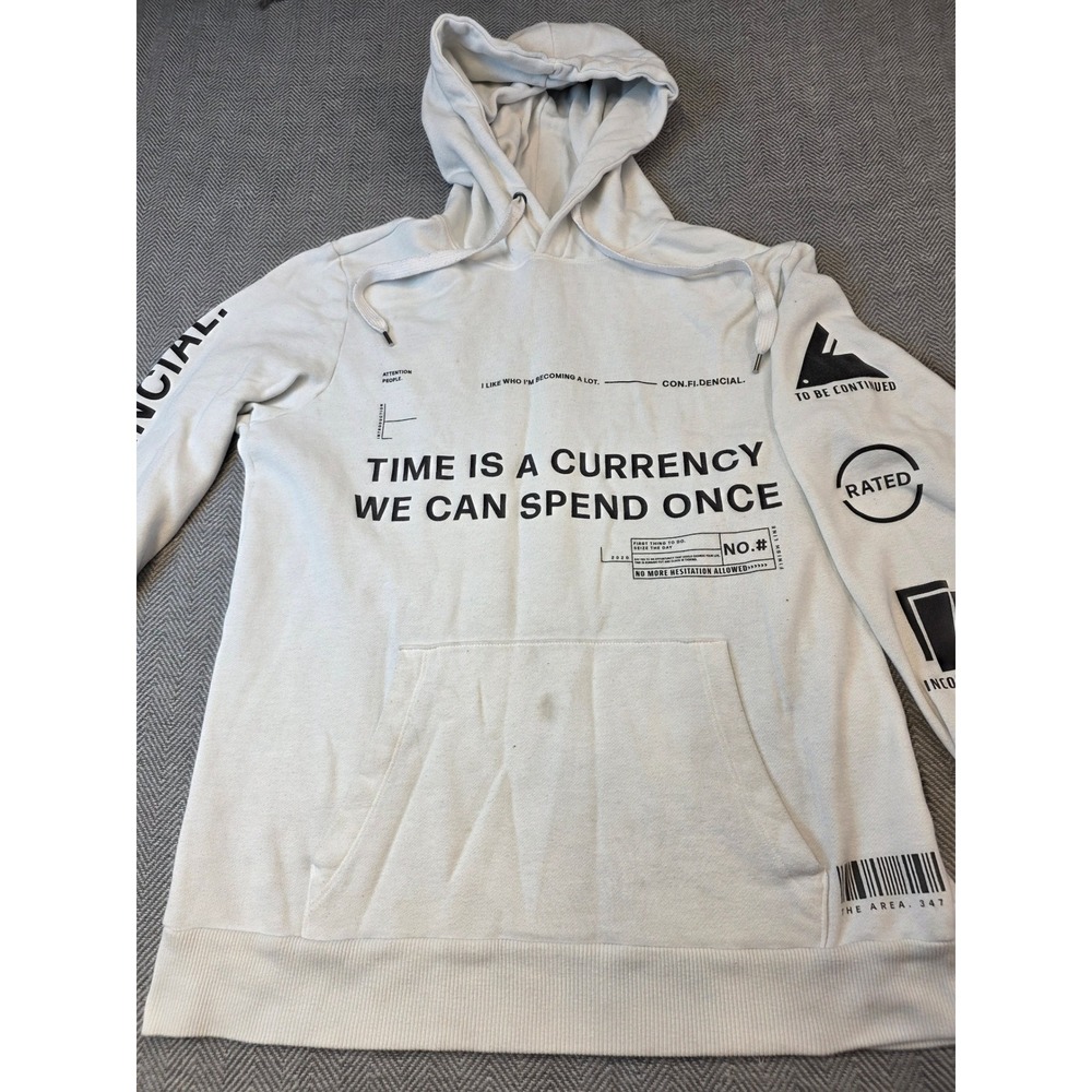 No Boundaries Hoodie Mens Medium White Time Is A Currency Graphic Print Pullover
